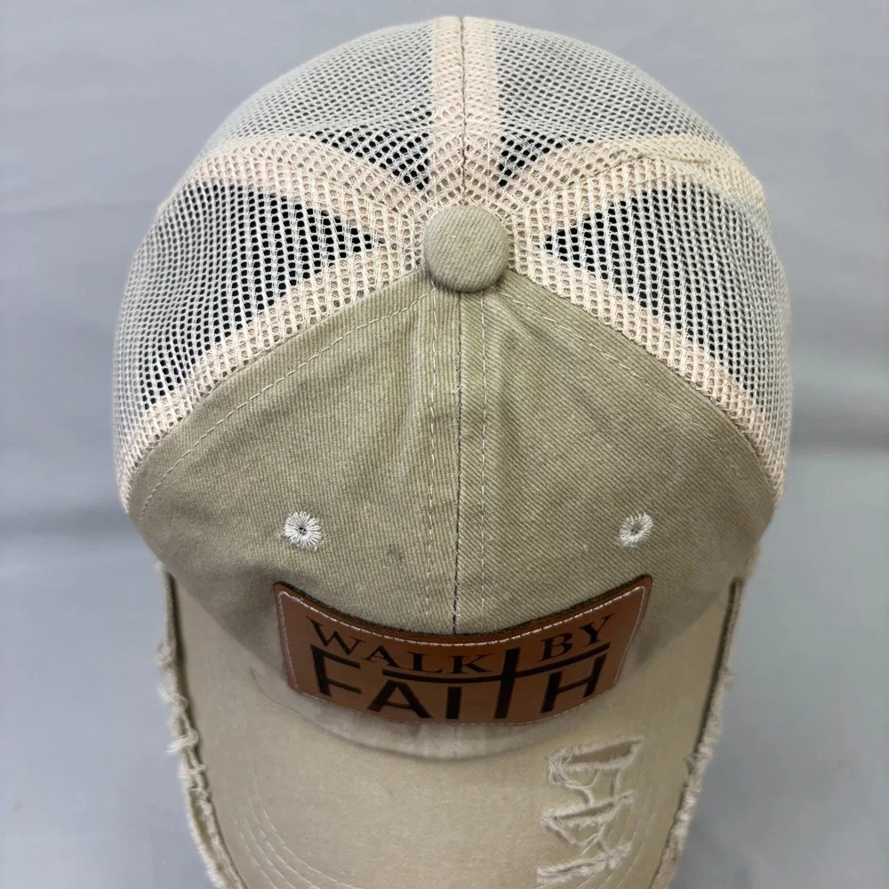 Walk By Faith Christian Cross Distressed Trucker Hat Snapback Leather Patch